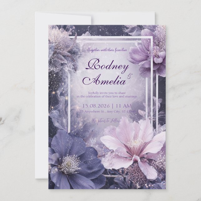 Glitter Dark Floral Mauve Periwinkle Wedding Invitation (Front)