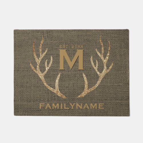 Glitter Deer Antlers Rustic Burlap Family Monogram Doormat