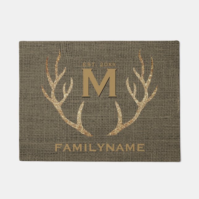 Glitter Deer Antlers Rustic Burlap Family Monogram Doormat (Front)