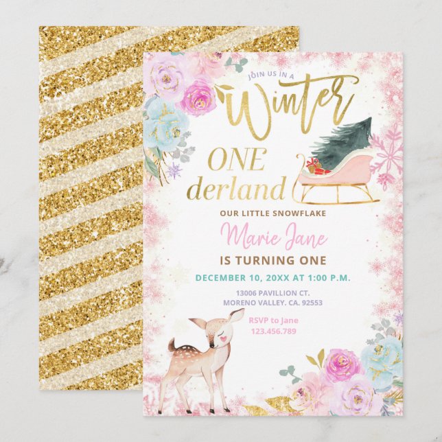 Glitter Deer Pink Winter Onederland Birthday  Invitation (Front/Back)