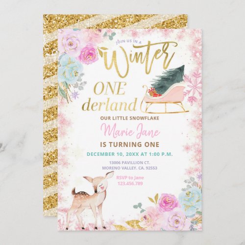 Glitter Deer Pink Winter Onederland Birthday  Invitation