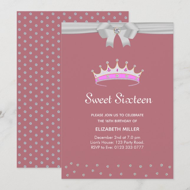Glitter Diamond Sweet Sixteen on Rose Gold Invitation (Front/Back)