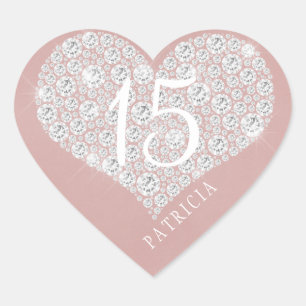 Glitter diamonds heart blush pink quinceanera heart sticker