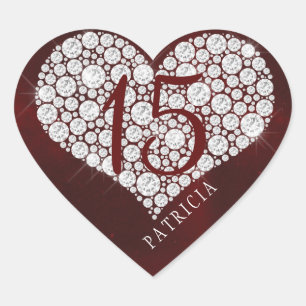 Glitter diamonds heart burgundy quinceanera heart sticker