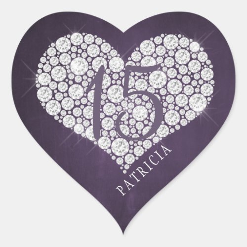 Glitter diamonds heart purple plum quinceanera heart sticker