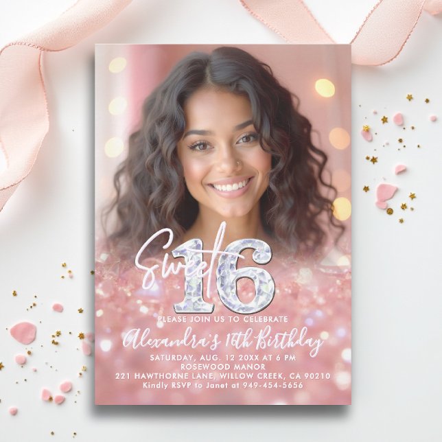 Glitter Diamonds Rose Gold Chic Photo Sweet 16 Invitation (sweet sixteen invitation 16th birthday rose gold blush pink diamonds photo template fashion teen)