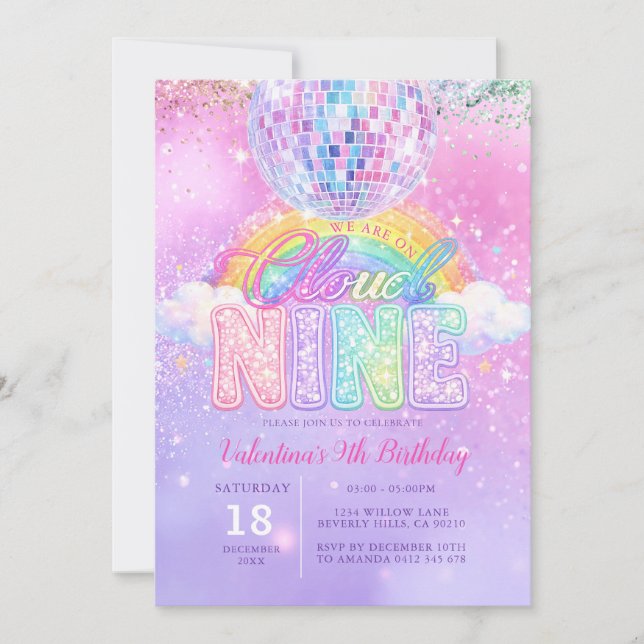 Glitter Disco Ball Pastel Cloud Nine Birthday Invitation (Front)