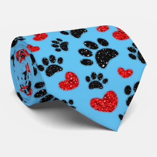 Glitter Dog Paw Prints And Red Hearts Blue Neck Tie