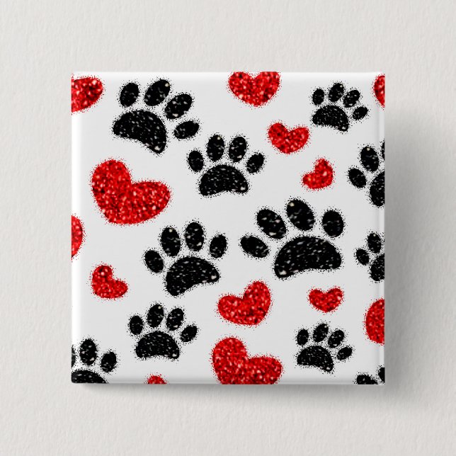 Glitter Dog Paw Prints And Red Hearts Button (Front)