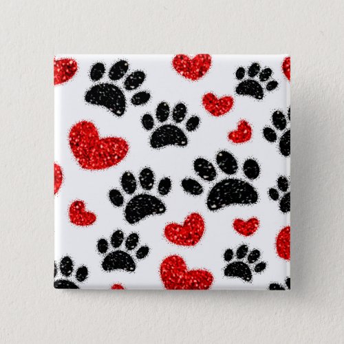 Glitter Dog Paw Prints And Red Hearts Button