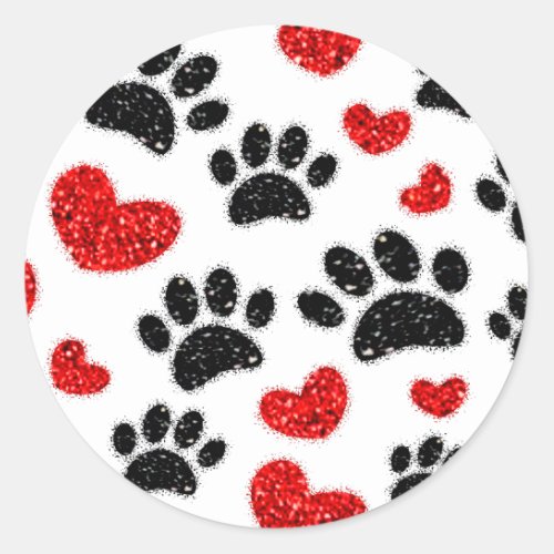 Glitter Dog Paw Prints And Red Hearts Classic Round Sticker