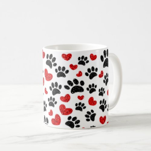 Glitter Dog Paw Prints And Red Hearts Coffee Mug