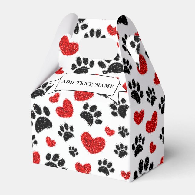 Glitter Dog Paw Prints And Red Hearts Custom Name Favor Boxes (Front Side)