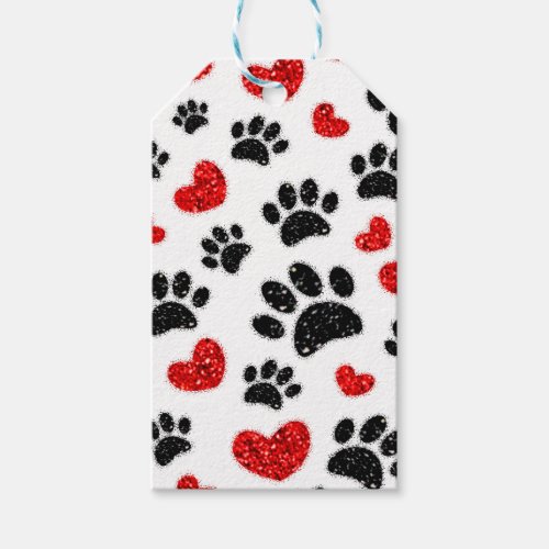Glitter Dog Paw Prints And Red Hearts Gift Tags