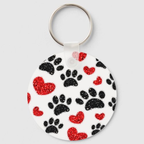 Glitter Dog Paw Prints And Red Hearts Keychain