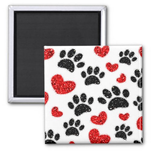Glitter Dog Paw Prints And Red Hearts Magnet
