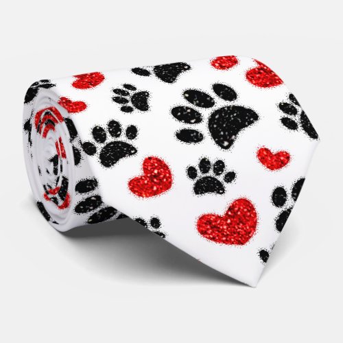 Glitter Dog Paw Prints And Red Hearts Neck Tie