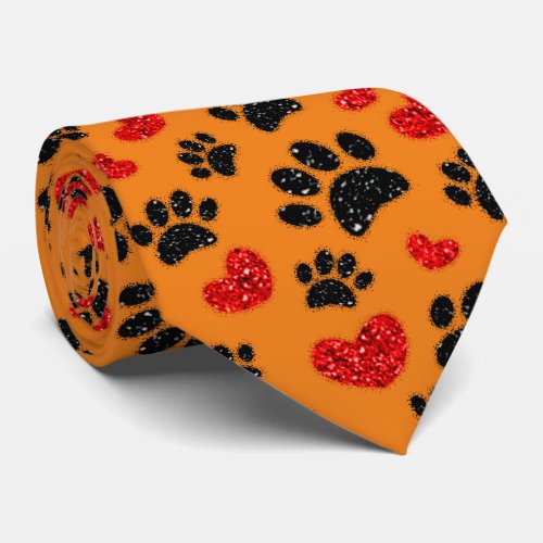 Glitter Dog Paw Prints And Red Hearts Orange Neck Tie