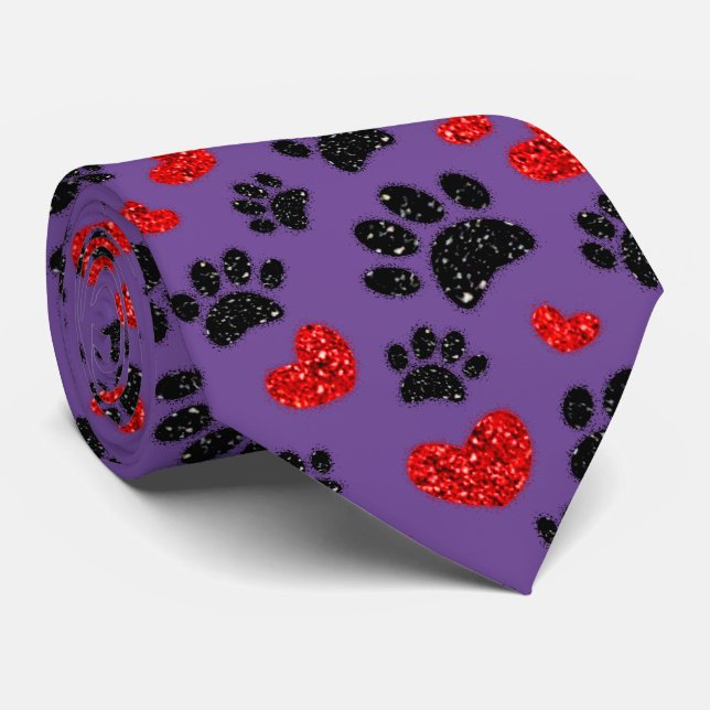 Glitter Dog Paw Prints And Red Hearts Purple Neck Tie (Rolled)