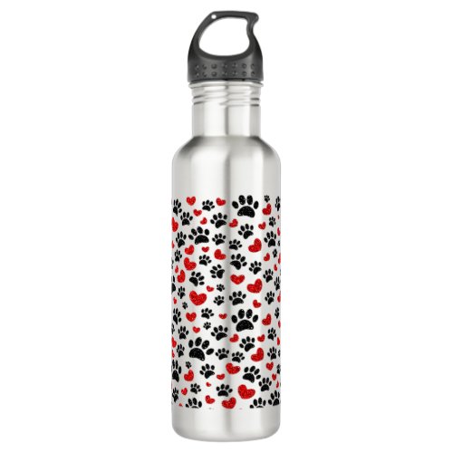 Glitter Dog Paw Prints And Red Hearts Stainless Steel Water Bottle