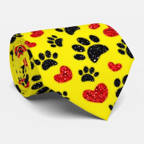 Glitter Dog Paw Prints And Red Hearts Yellow Neck Tie