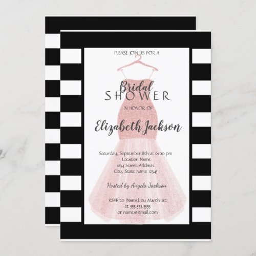 Glitter Dress Black White Stripes Bridal Shower Invitation