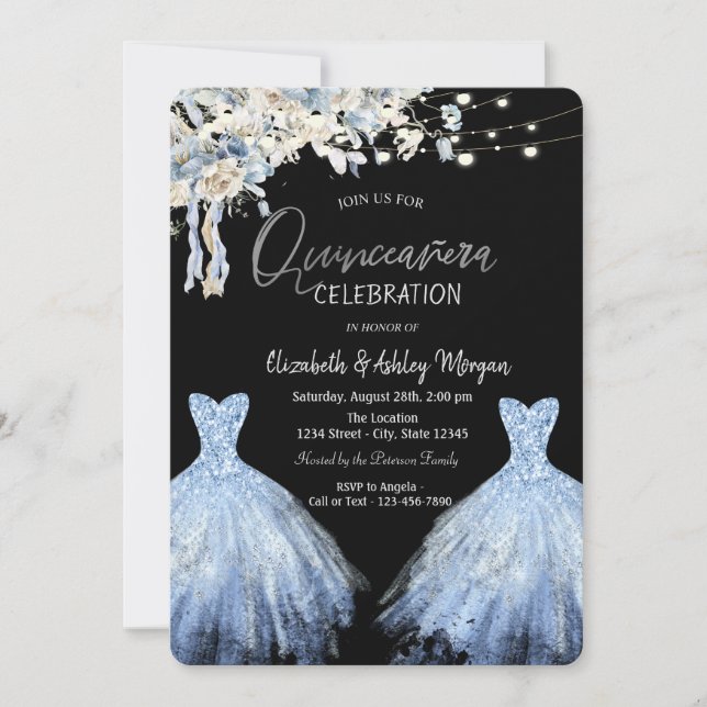 Glitter Dress Blue Boho Flowers  Invitation (Front)