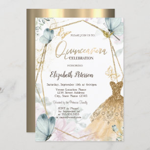 Glitter Dress Blue Butterflies Gold Frame Invitation