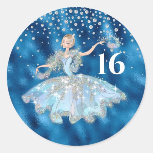 Glitter dress blue diamond sparkle girls classic round sticker