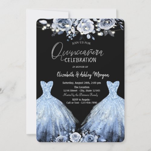 Glitter Dress Blue Flowers  Invitation