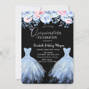 Glitter Dress Blue Pink Flowers Invitation