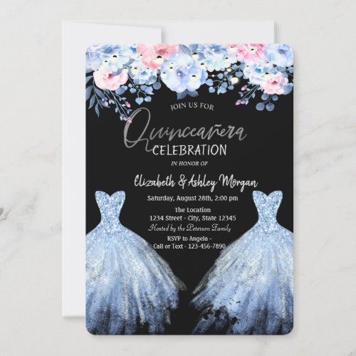 Glitter Dress Blue Pink Flowers  Invitation
