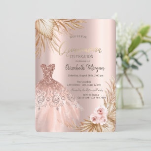 Glitter Dress Boho Pampas Flowers Quinceañera Invitation