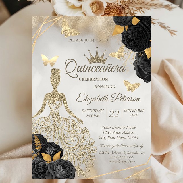 Glitter Dress,Butterfly Black Roses Quinceañera Invitation (Creator Uploaded)