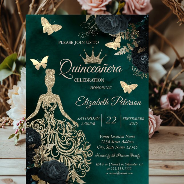 Glitter Dress,Butterfly Green Roses Quinceañera Invitation (Creator Uploaded)