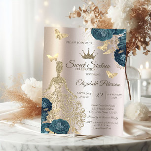 Glitter Dress,Butterfly Green Roses Sweet 16 Invitation