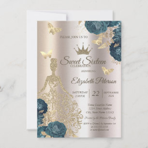 Glitter Dress,Butterfly Green Roses Sweet 16 Invitation