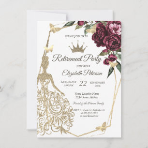 Glitter Dress,Butterfly Roses Burgundy Retirement Invitation