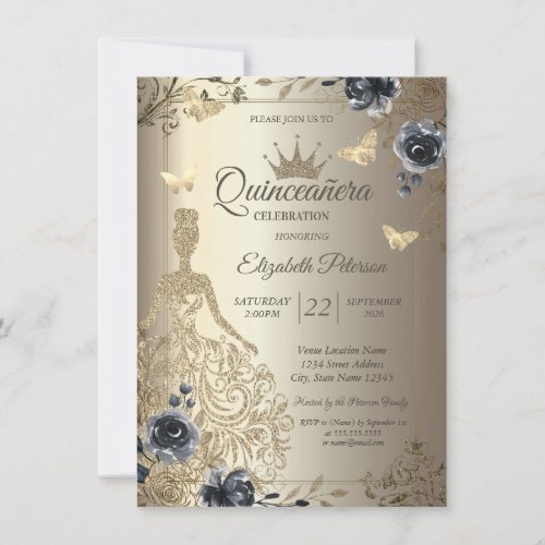Glitter Dress,Butterfly Roses Gold Quinceañera