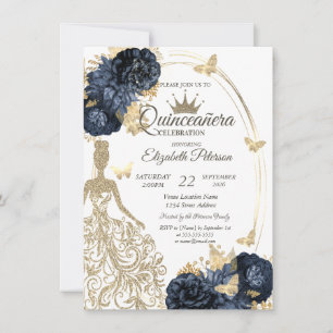 Glitter Dress,Butterfly Roses Navy BlueQuinceañera Invitation