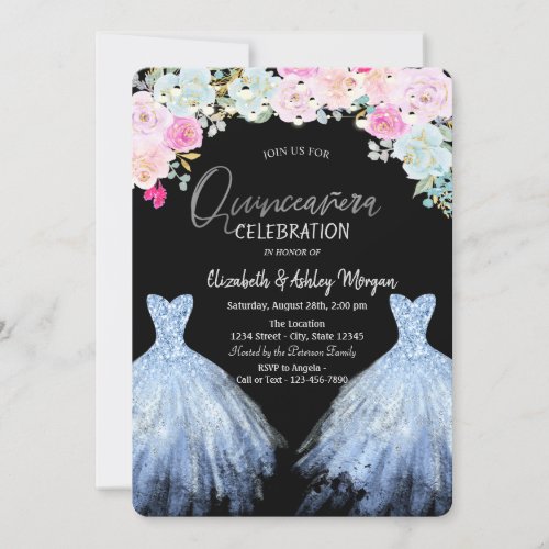 Glitter Dress Chic Blue Pink Flowers  Invitation