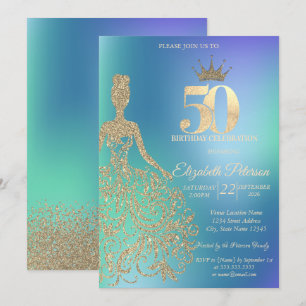Glitter Dress, Diamonds Blue Ombre 50th Birthday Invitation