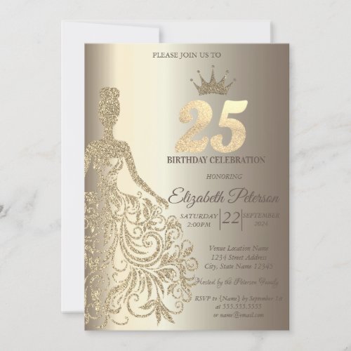 Glitter Dress Diamonds Champagne 25th Birthday Invitation