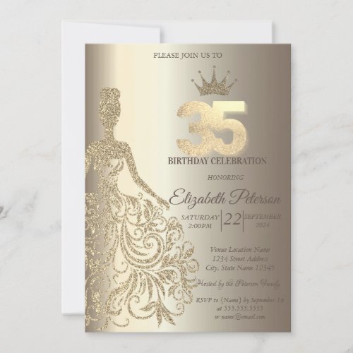 Glitter Dress Diamonds Champagne 35th Birthday Invitation