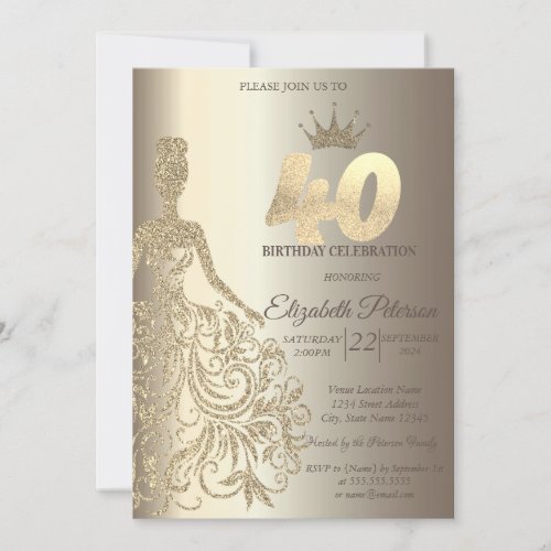Glitter Dress Diamonds Champagne 40th Birthday Invitation