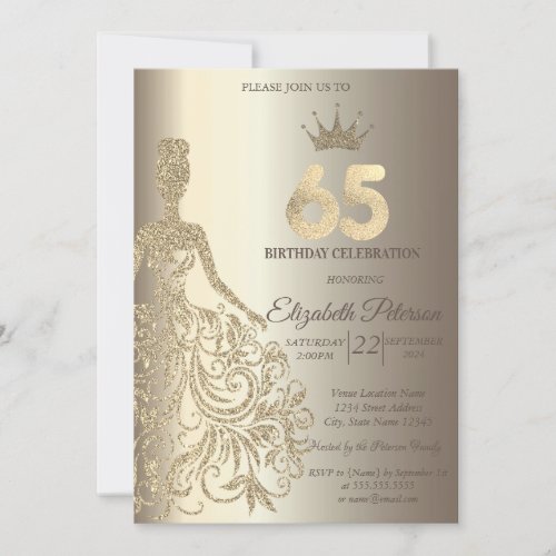 Glitter Dress Diamonds Champagne 65th Birthday Invitation