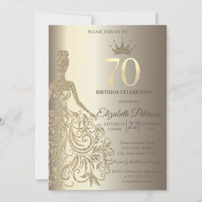 Glitter Dress, Diamonds Champagne 70th Birthday Invitation (Front)