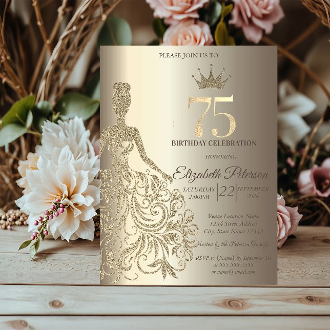 Glitter Dress, Diamonds Champagne 75th Birthday Invitation (Creator Uploaded)
