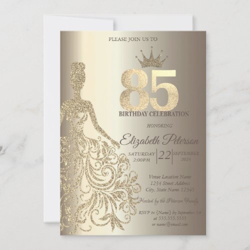 Glitter Dress Diamonds Champagne 85th Birthday Invitation