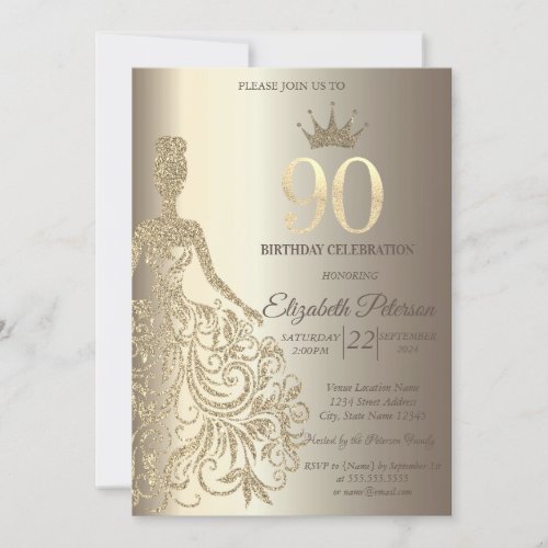 Glitter Dress Diamonds Champagne 90th Birthday Invitation